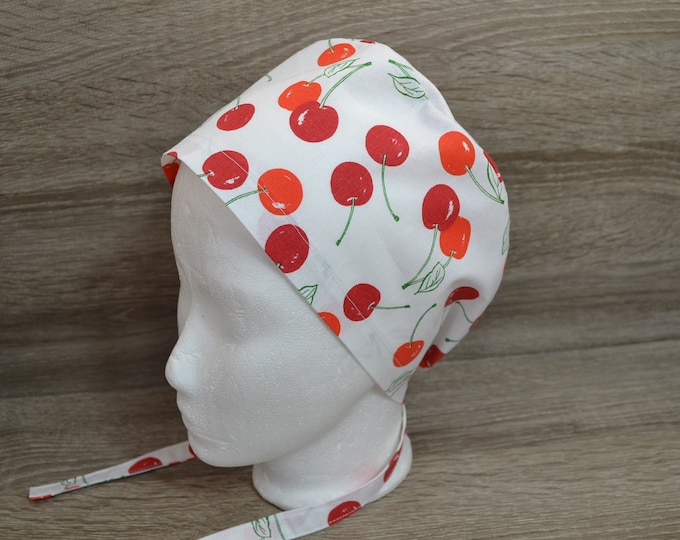 Surgical cap cherry, scrub cap, bandana, cosmetic cap, chef's hat, peeling cap, surgical caps, white with cherries, handmade