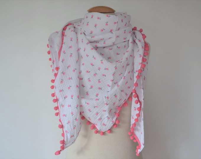 Triangular scarf XXL Mousselin white with scattered flowers and pink pompoms, scarf XXL, giant scarf XXL, cotton cloth, Mother's Day, scarf triangular