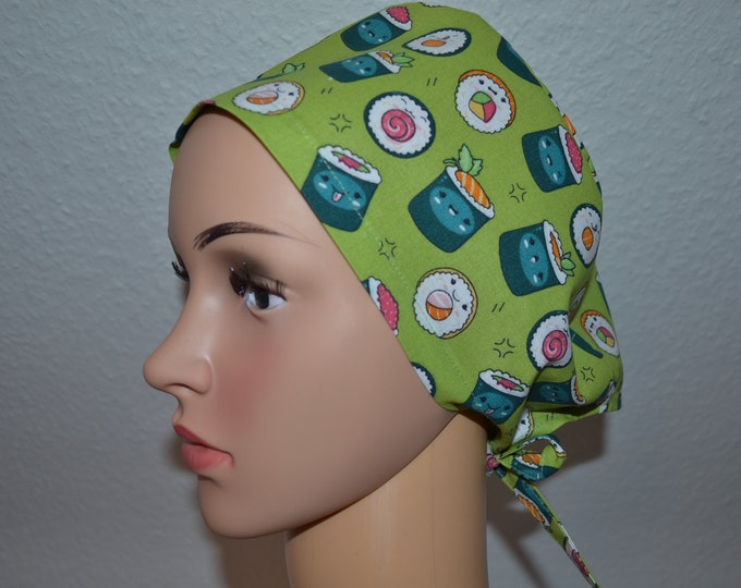 Surgical cap Sushi, scrub cap, bandana, chef's hat, scrub cap, cosmetic cap, surgical caps, green with sushi, handmade