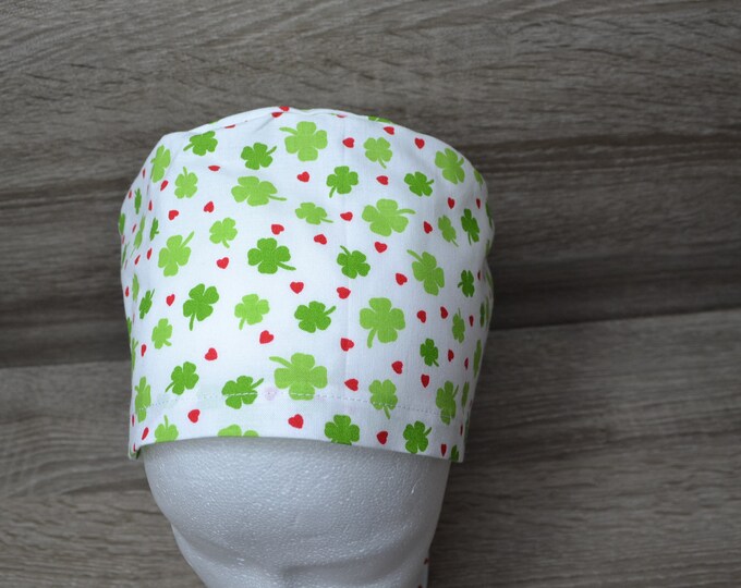 Surgical cap cloverleaf with terry cloth band, scrub cap, bandana, peeling hat, chef's cap, cosmetic cap, surgical caps, white with cloverleaf, handmade
