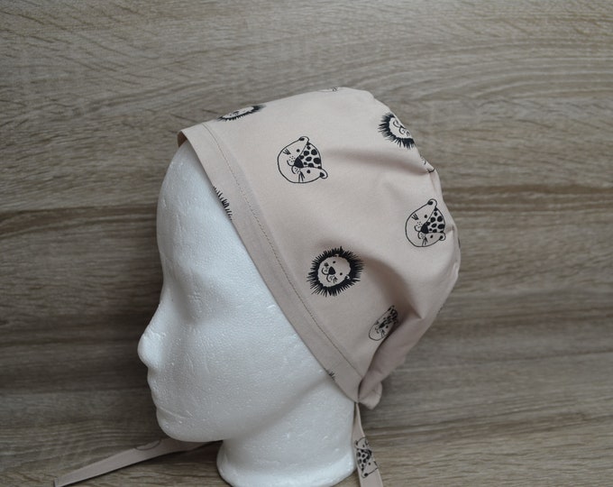 Surgical cap lion with terry cloth band, scrub cap, bandana, peeling cap, chef's cap, cosmetic cap, surgical caps, beige with wild cats, handmade