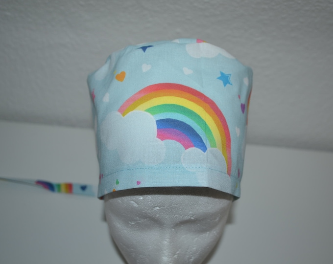 Surgical cap rainbow with terry cloth band, scrub cap, bandana, cosmetic cap, chef's cap, cap with sweatband, blue with rainbow, handmade