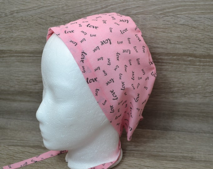 Surgical cap Love pink with terry cloth band, scrub cap, bandana, cosmetic cap, peeling cap, chef's cap, pink with inscription Love, handmade