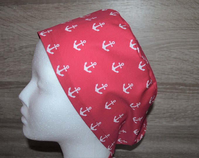 Surgical cap anchor with terry cloth band, scrub cap, chef's cap, bandana, peeling cap, cosmetic cap, surgical caps, pink with anchors, handmade
