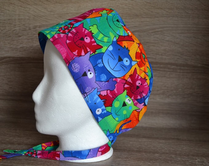 Surgical cap cat terry cloth band, scrub cap, cosmetic cap, chef's cap, bandana, peeling cap, surgical caps, colorful with cats, handmade