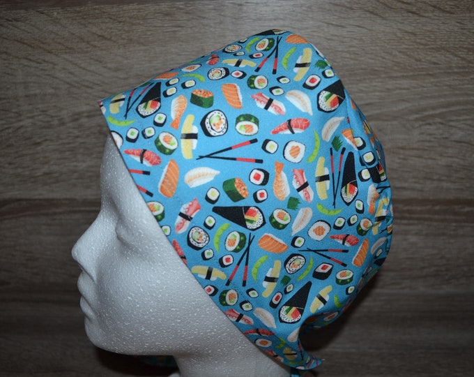 Surgical hoods, scrub cap, bandana, cosmetic hood, peeling hood, blue with sushi, handmade