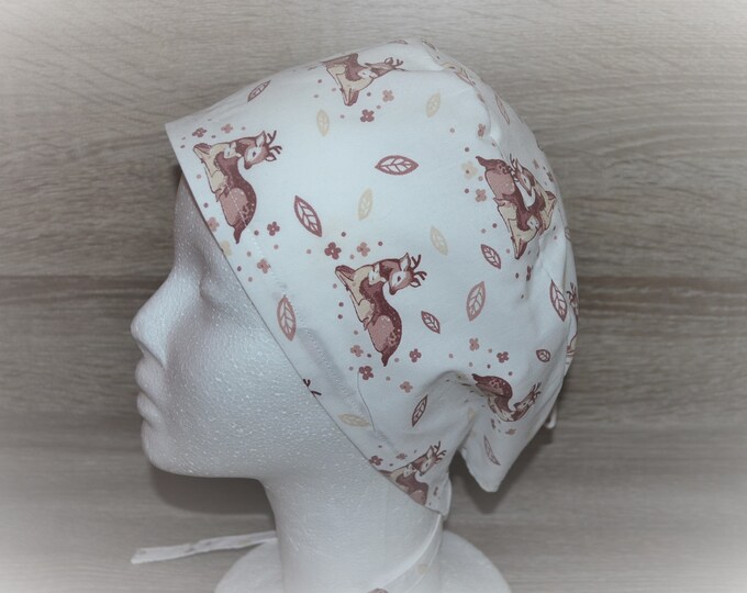 Surgical cap deer with terry cloth band, scrub cap, bandana, peeling cap, chef's cap, cosmetic cap, surgical caps, white with deer, handmade