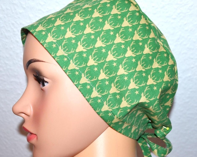 Surgical cap deer, scrub cap, bandana, cosmetic cap, peeling cap, chef's hat, green with deer antlers, surgical caps Christmas,