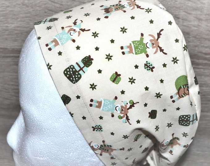 Surgical cap with moose design and terry cloth band, scrub cap, bandana, cosmetic cap, peeling cap, chef's cap, Christmas surgical caps, moose cap, winter cap