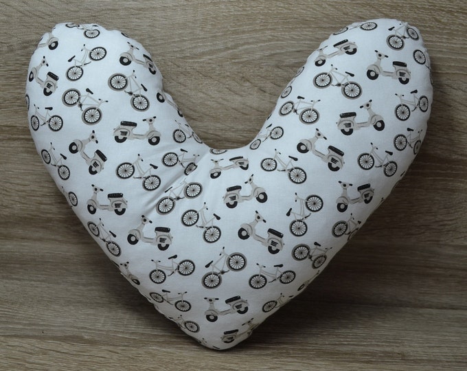 Heart pillow, chest heart pillow, mastectomy pillow, forearm pillow, chest surgery pillow, white with bike and scooter, handmade
