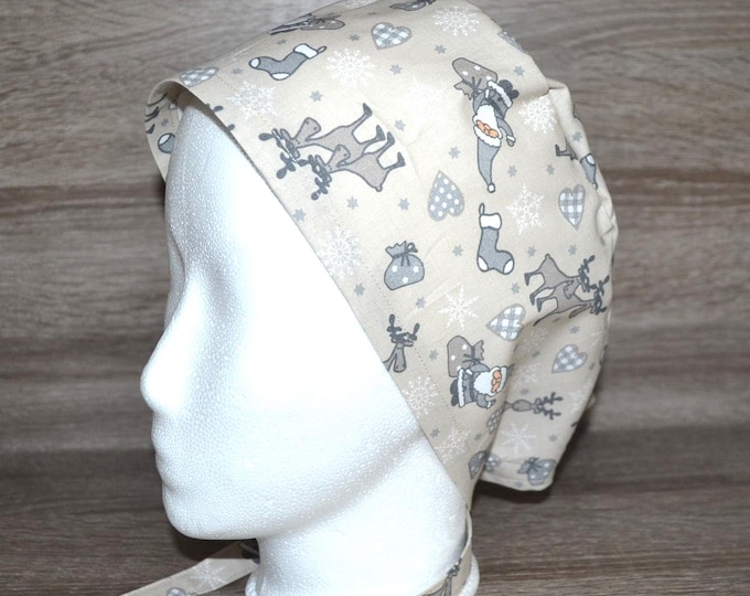 Surgical cap with gnome design, scrub cap, bandana, cosmetic cap, peeling cap, chef's hat, beige with moose and gnome, Christmas surgical cap, moose cap