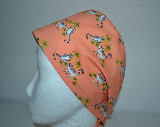 Surgical cap lemurs, scrub cap, bandana, cosmetic cap, chef's hat, peeling cap, surgical caps, orange with lemurs monkey, handmade