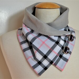 Button loop checked, button loops, loops, scarf, gray checked jersey and gray fleece, button loop checked, wrap scarf, wrap loop, handmade
