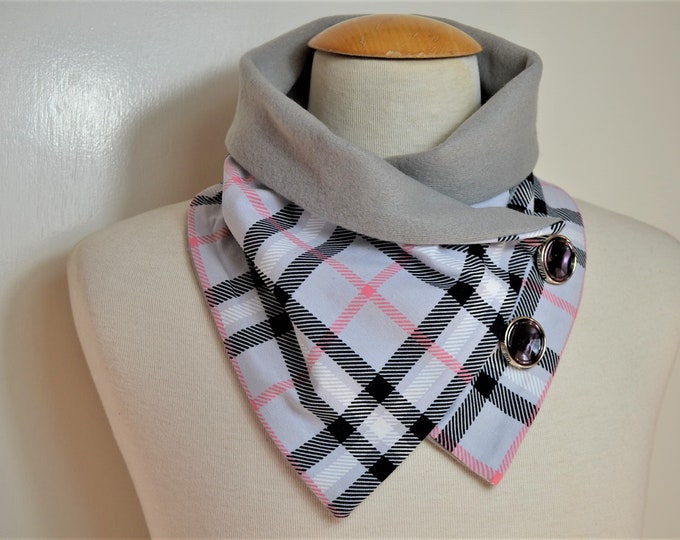 Button loop checked, button loops, loops, scarf, gray checked jersey and gray fleece, button loop checked, wrap scarf, wrap loop, handmade