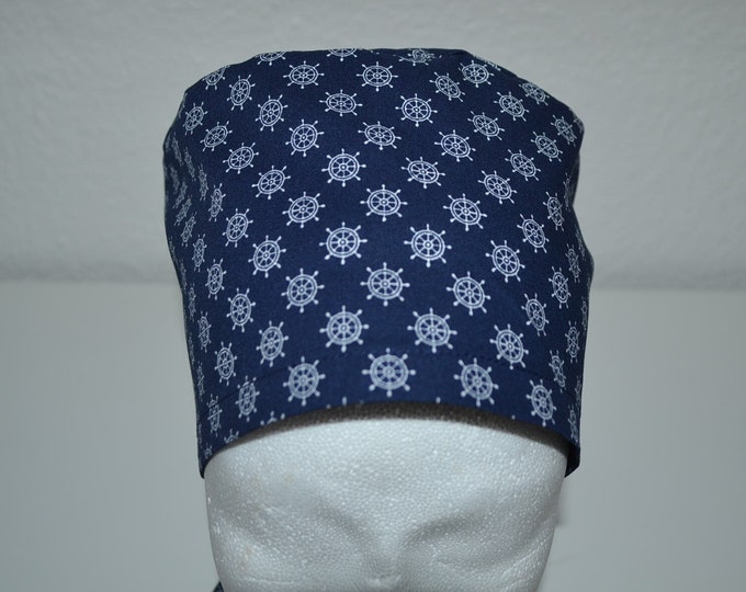 Surgical cap, steering wheel, terry cloth band, scrub cap, chef's hat, bandana, peeling cap, cosmetic cap, surgical caps, blue with a maritime steering wheel, handmade