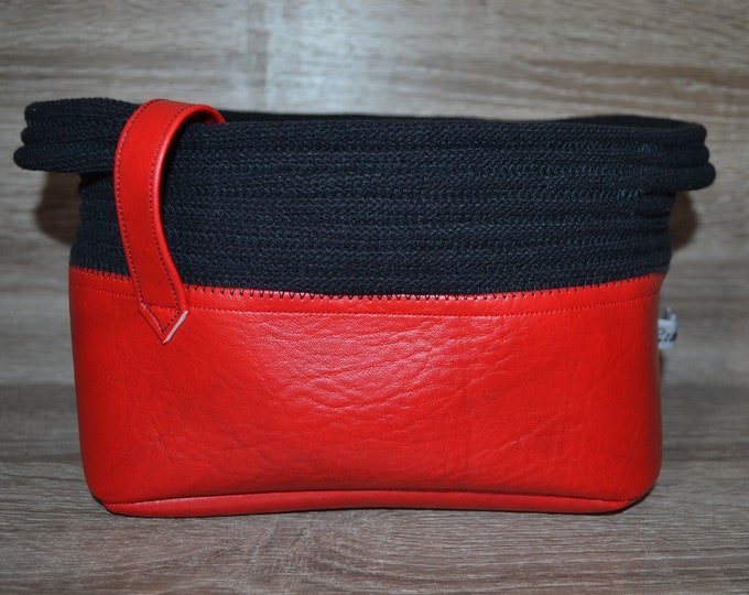 Utensilo in red imitation leather and black cotton cord, imitation leather bottom silo, utensilo uni, 20x14x13 cm, storage basket,