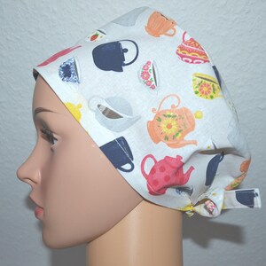 Surgical cap coffee pot terry cloth band, scrub cap, cosmetic cap, cooking cap, bandana, peeling cap, white with coffee pots, handmade