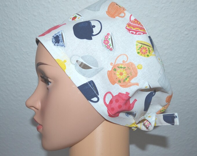 Surgical cap coffee pot terry cloth band, scrub cap, cosmetic cap, cooking cap, bandana, peeling cap, white with coffee pots, handmade