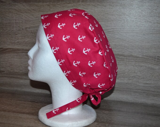 XL surgical cap anchor for long hair, XL scrub cap, bandana, cosmetic cap, chef's cap, peeling cap, pink with anchor maritime sea, handmade