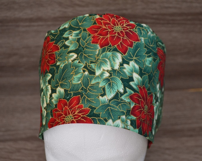 Surgical cap with poinsettia flower, scrub cap, bandana, cosmetic cap, peeling cap, chef's hat, green with flowers, Christmas surgical caps