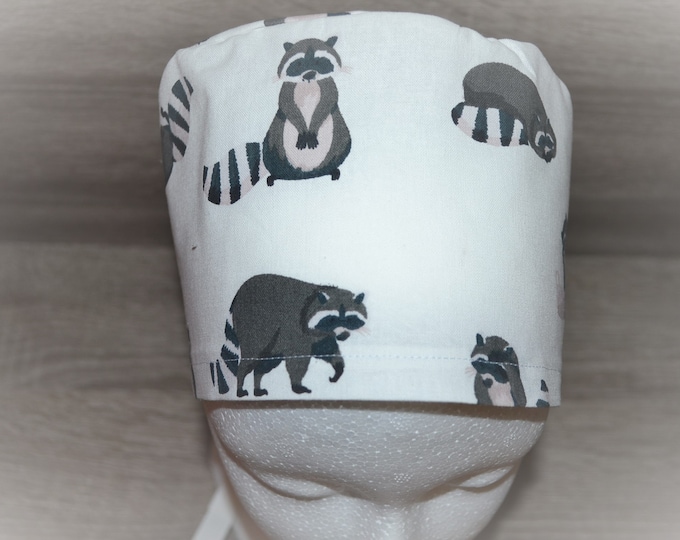 Surgical cap raccoon, scrub cap, bandana, cosmetic cap, peeling cap, chef's hat, surgical caps, white with raccoons, handmade
