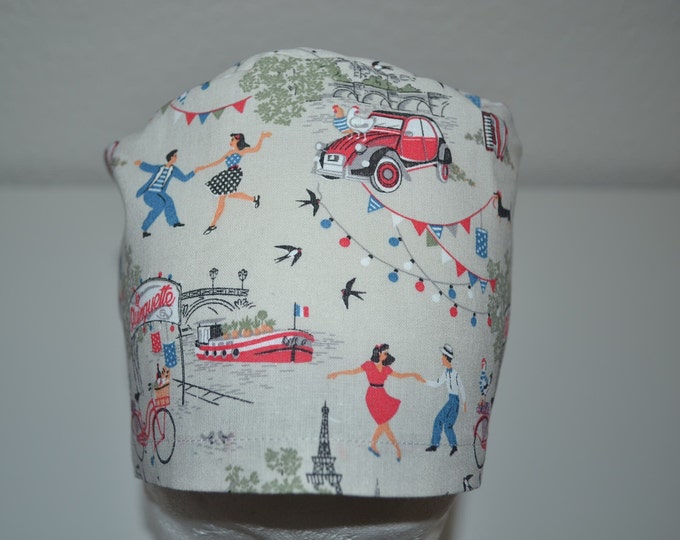 Surgical cap Paris Eiffel Tower, scrub cap, bandana, cosmetic cap, chef's hat, peeling cap, surgical caps, beige with 2CV France, handmade