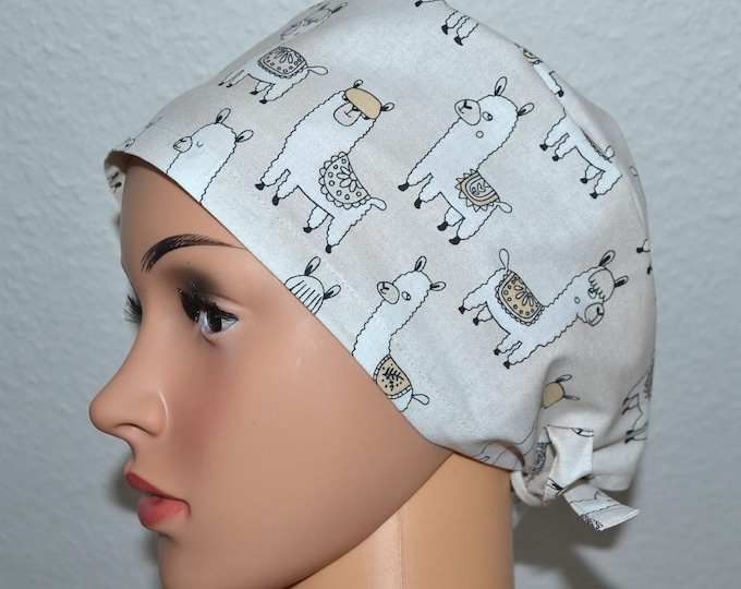 Surgical cap Lama, scrub cap, bandana, cosmetic cap, chef's hat, chef's cap, peeling cap, surgical cap beige with llamas, handmade