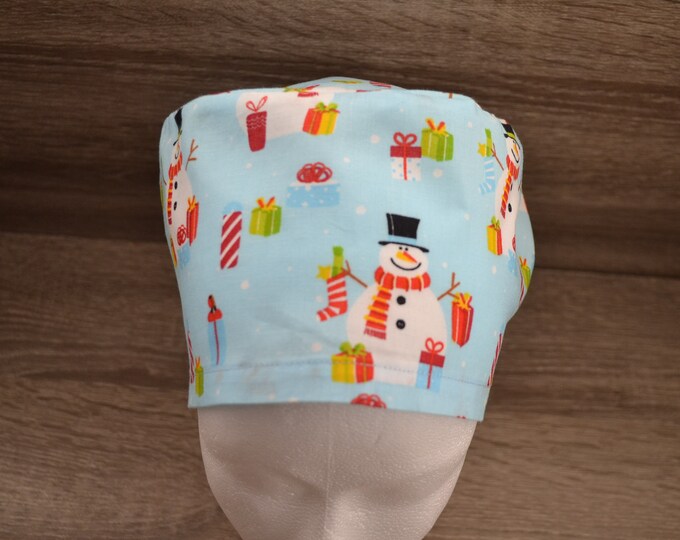 Snowman surgical cap with terry cloth band, scrub cap, bandana, cosmetic cap, peeling cap, chef's cap, Christmas surgical caps, snowman cap