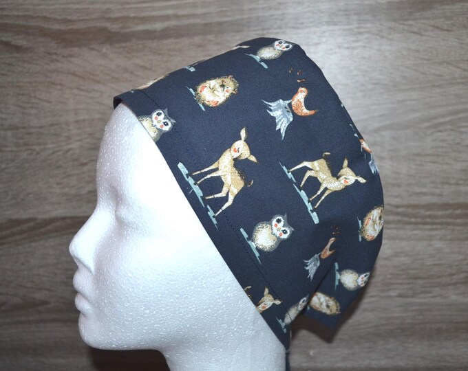 Surgical cap deer with terry cloth band, scrub cap, bandana, scrub hat, chef's cap, cosmetic cap, surgical caps, blue forest animals, handmade