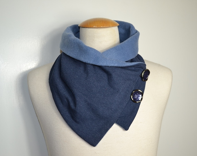 Blue button-up loop scarf, loops, scarf, denim-colored jersey and blue fleece, wrap scarf, loop winter scarf, scarf with buttons