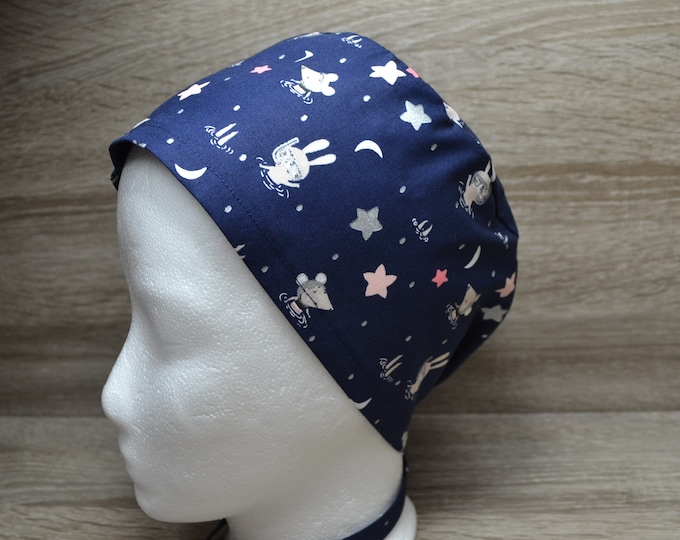 Surgical cap sea with terry cloth band, scrub cap, bandana, peeling cap, chef's cap, maritime dark blue with sea creatures, handmade