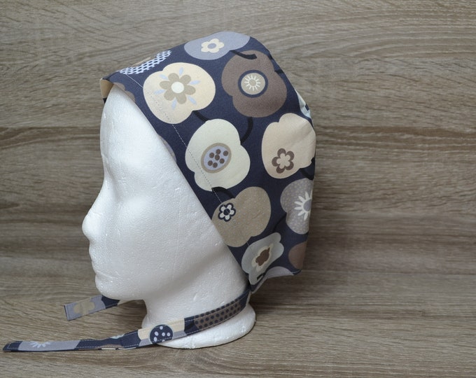 Surgical hood apple with terry cloth strap, scrub cap, bandana, peeling hood, cosmetic hood, gray with apples in beige, handmade