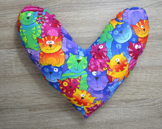 Heart pillow, breast heart pillow, mastectomy pillow, forearm pillow, breast surgery pillow, blue with colorful cats, handmade