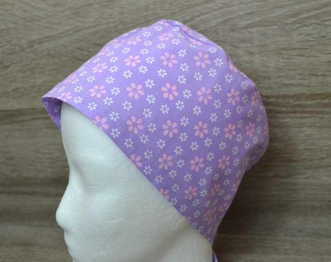 Surgical cap flower, scrub cap, bandana, cosmetic cap, peeling cap, surgical caps, chef's hat, purple with flowers, handmade