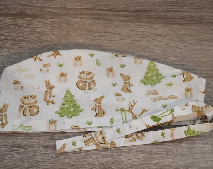 Surgical cap winter forest terry cloth band, scrub cap, bandana, cosmetic cap, peeling cap, beige with Christmas tree and rabbits, surgical caps Christmas,