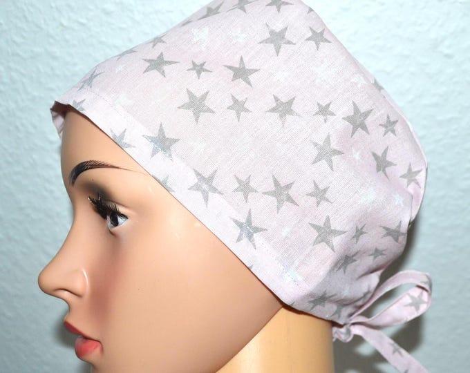 Surgical cap stars, scrub cap, bandana, cosmetic cap, chef's hat, light pink with silver/white stars, surgical caps Christmas, star cap