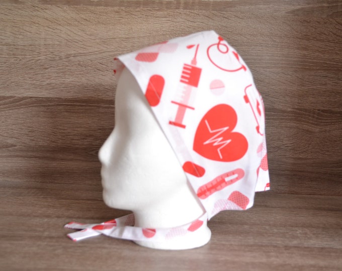 Surgical cap EKG, scrub cap, bandana, cosmetic cap, peeling cap, chef's hat, surgical caps, white with plaster, handmade