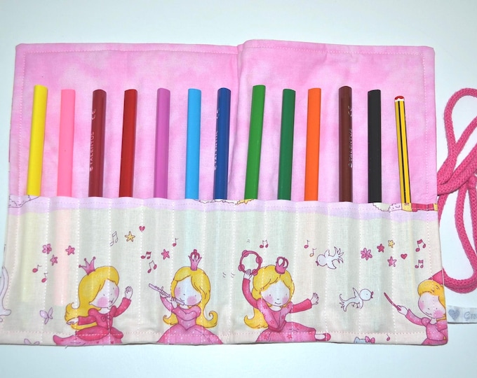Roll-up pencil case princess, pencil roll, pencil case, roll-up case for 12 thick colored pencils, storage pencils, knitting needle case,