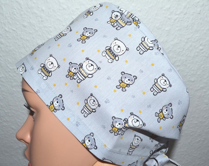 Surgical cap with bears and terry cloth band, scrub cap, cosmetic cap, chef's cap, bandana, peeling cap, light grey with teddy bears, bear cap
