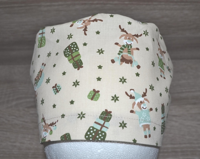 Surgical cap with moose design, scrub cap, bandana, cosmetic cap, peeling cap, chef's hat, beige with funny moose, Christmas surgical caps, handmade