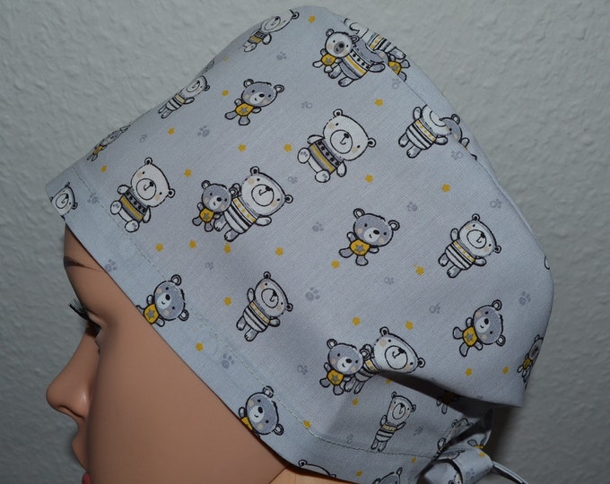 Surgical cap bears with terry cloth band, scrub cap, cosmetic cap, cooking cap, bandana, peeling cap, light gray with teddy bears, handmade