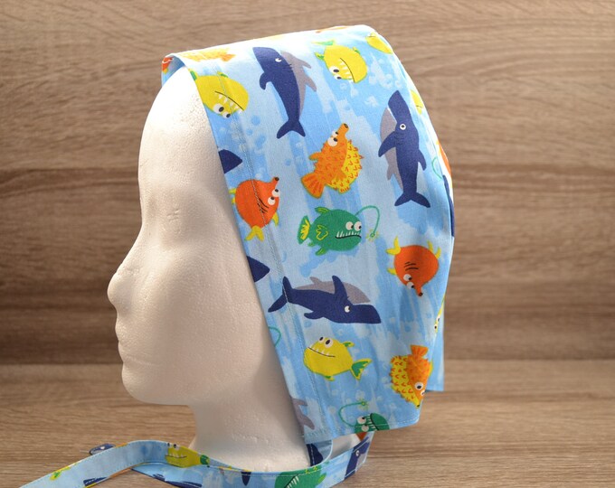 Surgical cap fish sea, scrub cap, bandana, cosmetic cap, chef's hat, peeling cap, surgical caps, blue with colorful fish maritime, handmade