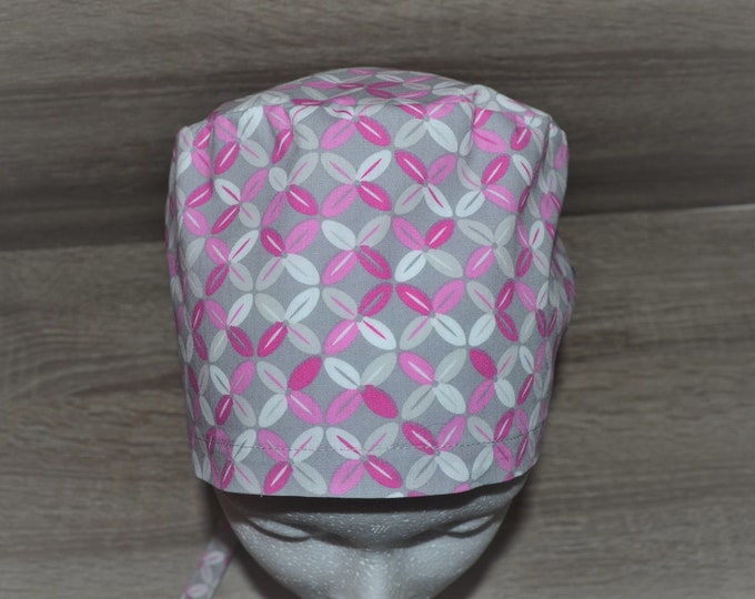 Surgical cap chain with terry cloth band, scrub cap, bandana, chef's hat, scrub cap, surgical caps, gray with pink pattern, handmade
