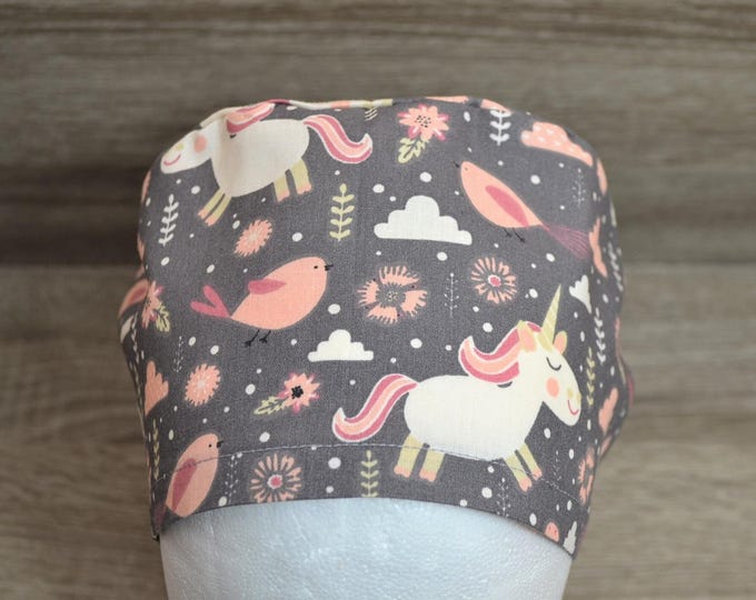 Surgical cap unicorn, scrub cap, bandana, peeling cap, cosmetic cap, chef's cap, taupe with unicorns, unicorn cap, handmade