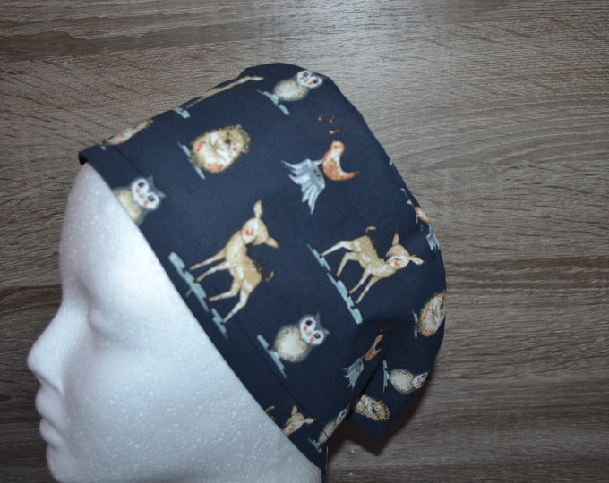 Surgical cap deer hedgehog, scrub cap, bandana, cosmetic cap, chef's hat, peeling cap, surgical caps, blue with forest animals, handmade