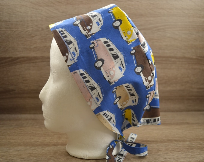 Surgical cap bus with terry cloth band, scrub cap, bandana, peeling cap, chef's cap, cosmetic cap, surgical caps, blue with bus, handmade