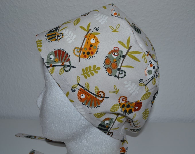 Surgical cap chameleon terry cloth band, scrub cap, cosmetic cap, chef's cap, bandana, peeling cap, surgical caps, beige with chameleon, handmade