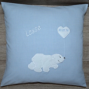 Kissen Eisbär 40x40cm, Eisbärkissen mit Namen, Bärenkissen, Geburtskissen Eisbär, Namenskissen Eisbär, Taufkissen Eisbär, handmade Bild 1