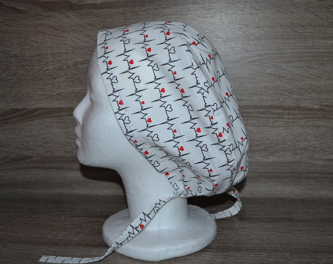 XL surgical hood heartbeat, scrub cap, bandana, peeling cap, cooking hood, white with ECG, handmade