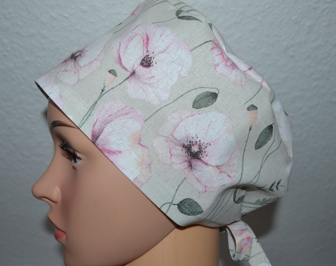 Surgical cap pink poppy, scrub cap, bandana, chef's hat, scrub cap, cosmetic cap, surgical cap, lime green with poppies, handmade